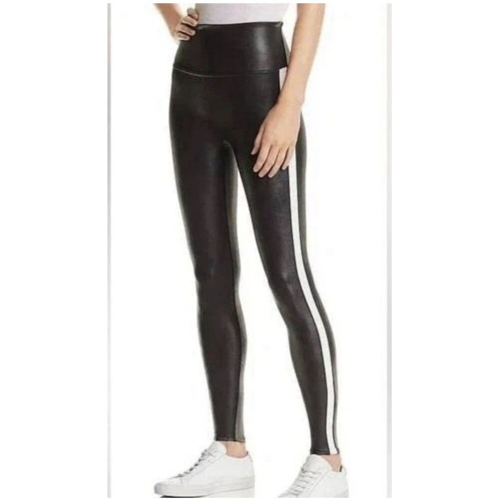Spanx Faux Leather Leggings Womens M Black White Side Stripe High Rise